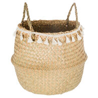 Cesto seagrass natural com pompons e pegas