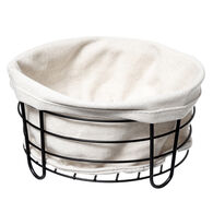 Cesto de pão em metal preto com tecido branco,  Cesto de pão em metal preto com tecido branco