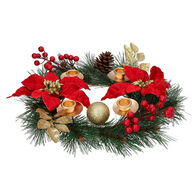 Porta-Velas com poinsettias e bagas dourado 35cm