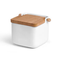 Saleiro branco de cer&acirc;mica com tampa em bambu