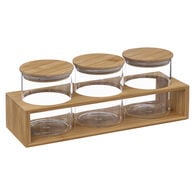 Conjunto de 3 frascos vidro 0,4l com suporte bambu,  Conjunto de 3 frascos vidro 0,4l com suporte bambu