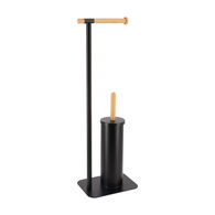 Porta rolos wc com escova preto em metal e bambu,  Porta rolos wc com escova preto em metal e bambu