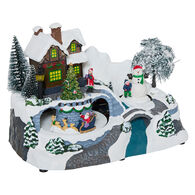 Aldeia luminosa com casa e pai natal