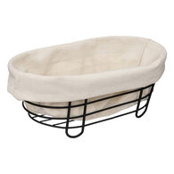 Cesto de pão oval em metal preto com tecido branco,  Cesto de pão oval em metal preto com tecido branco