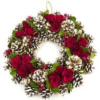 Coroa decorativa com rosa e pinhas efeito neve 37cm,  Coroa decorativa com rosa e pinhas efeito neve 37cm