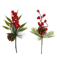 Mini haste decorativa com pinhas e bagas vermelhas 20cm