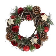 Coroa decorativa com ramos e bolas vermelhas 35cm