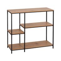 Estante preta com prateleiras em madeira