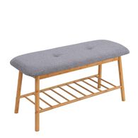 Banco cinza com estante em bambu