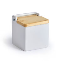 Saleiro branco de cer&acirc;mica com tampa em madeira 500ml