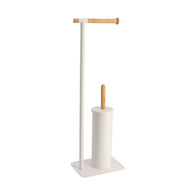 Porta rolos wc branco com escova em metal e bambu,  Porta rolos wc branco com escova em metal e bambu