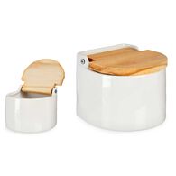 Saleiro branco de cerâmica com tampa em madeira,  Saleiro branco de cerâmica com tampa em madeira