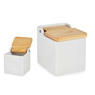 Saleiro branco de cerâmica com tampa em madeira 500ml