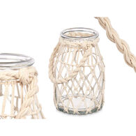 Castiçal de vidro com macramé bege,  Castiçal de vidro com macramé bege