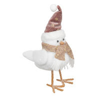 Figura pássaro branco com gorro e cachecol rosa 25cm