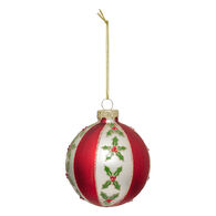 Bola de natal com riscas e azevinho 8cm