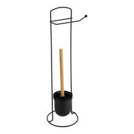 Suporte wc preto com escova e porta rolos em metal e bambu,  Suporte wc preto com escova e porta rolos em metal e bambu