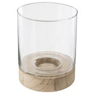 Castiçal em vidro com base em madeira 20x16cm,  Castiçal em vidro com base em madeira 20x16cm