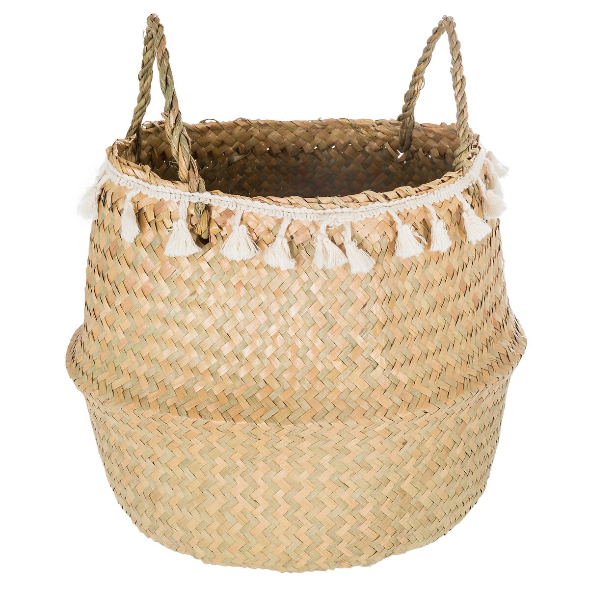 Cesto seagrass natural com pompons e pegas