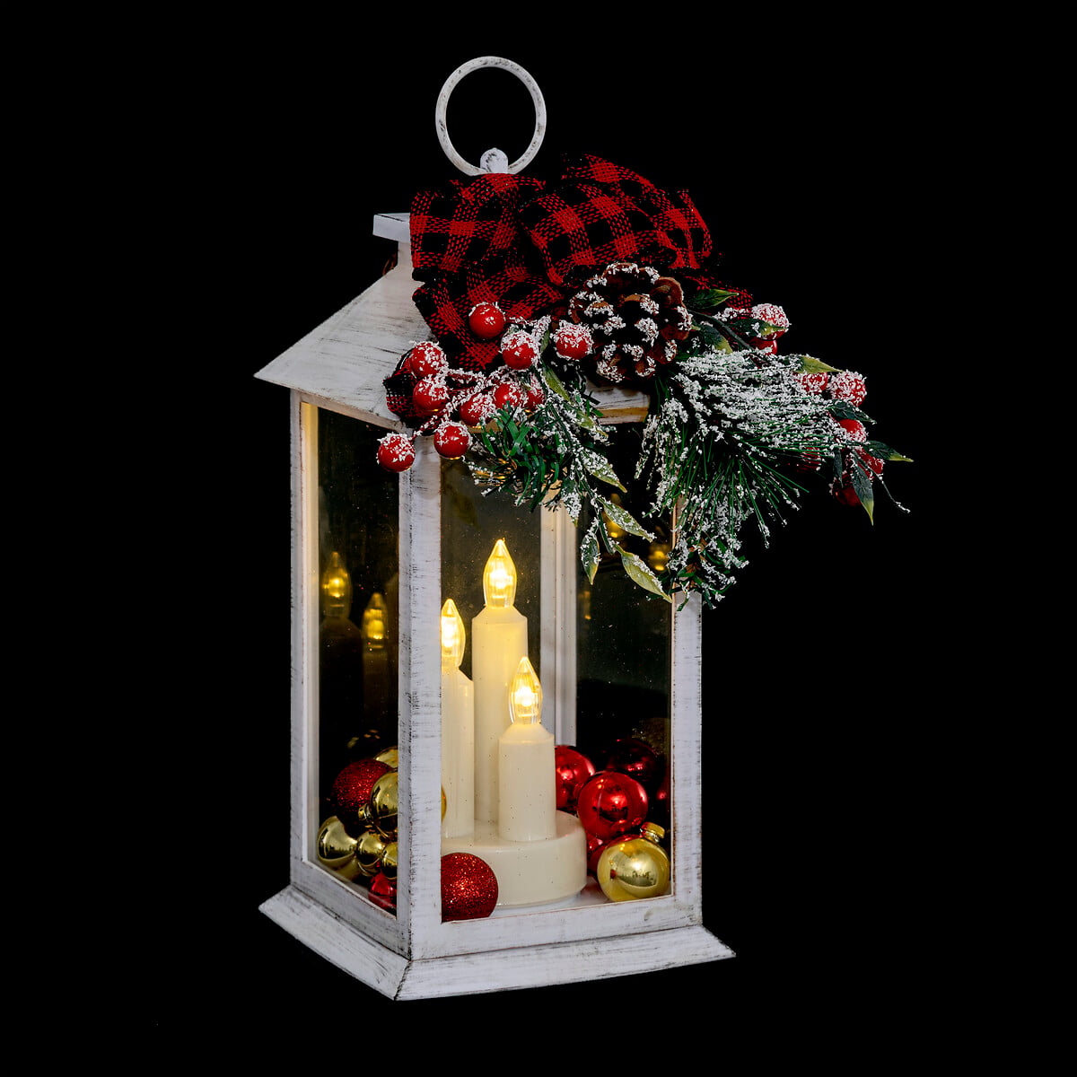 Lanterna decorativa luminosa com pinhas e bagas