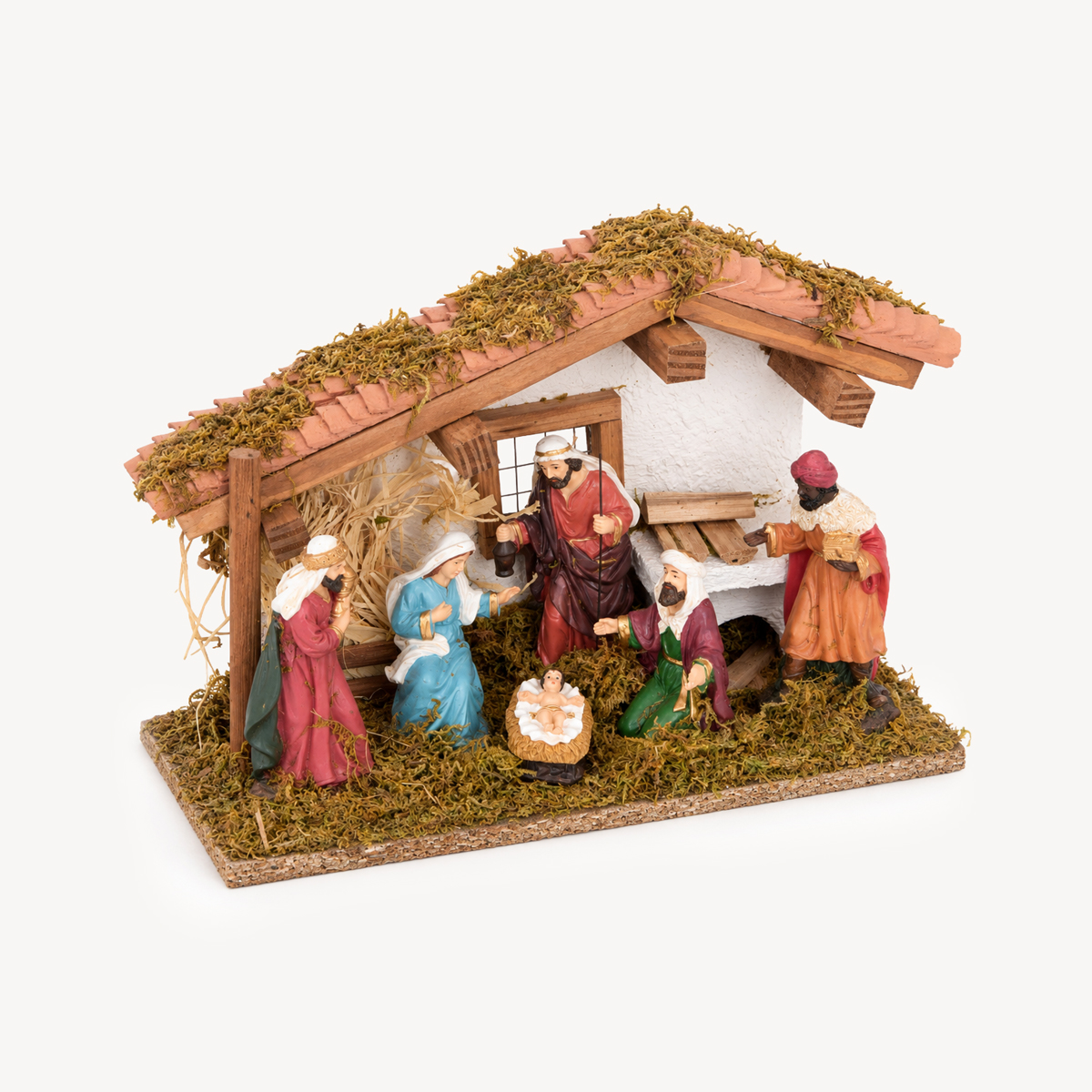 Pres&eacute;pio com cabana e 6 figuras 30x13x19cm