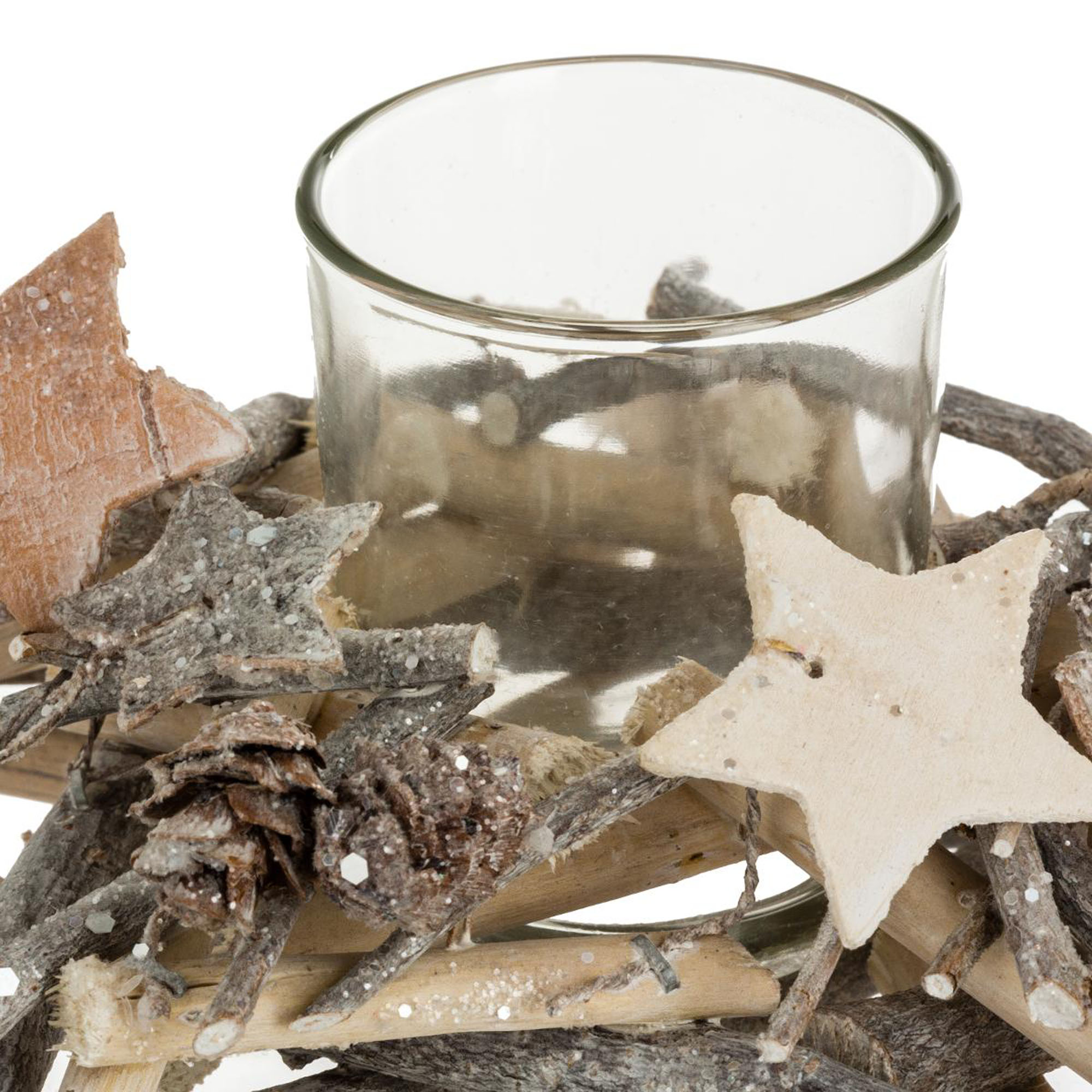 Castiçal estrela decorado em madeira e vidro