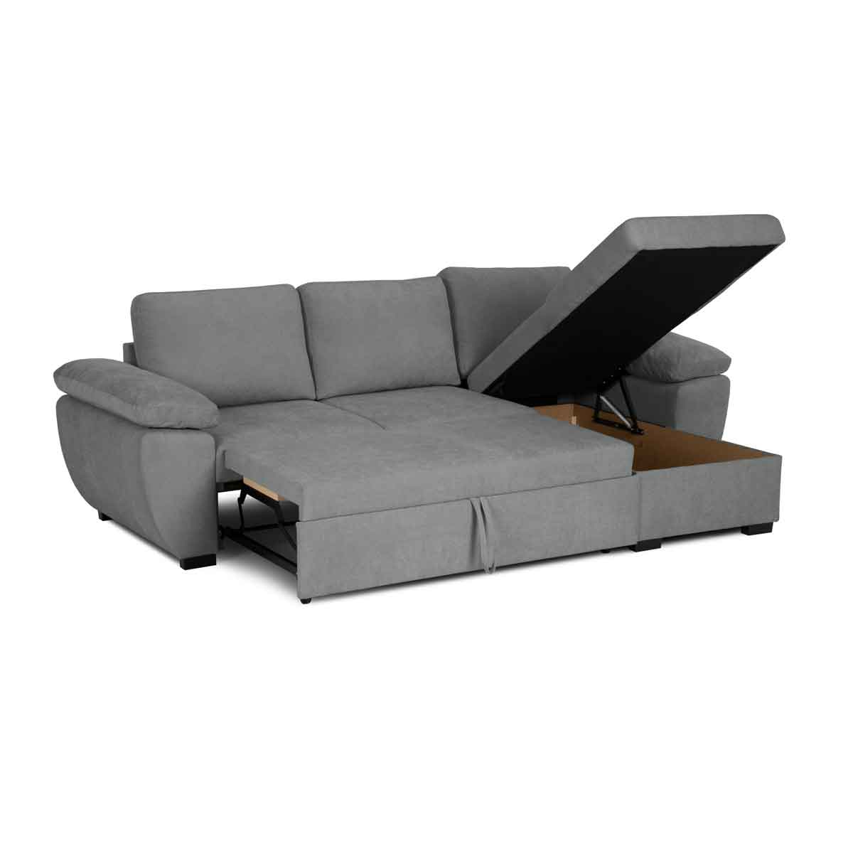 Sof&aacute; cama DRESDEN com cofre e chaise longue cinza
