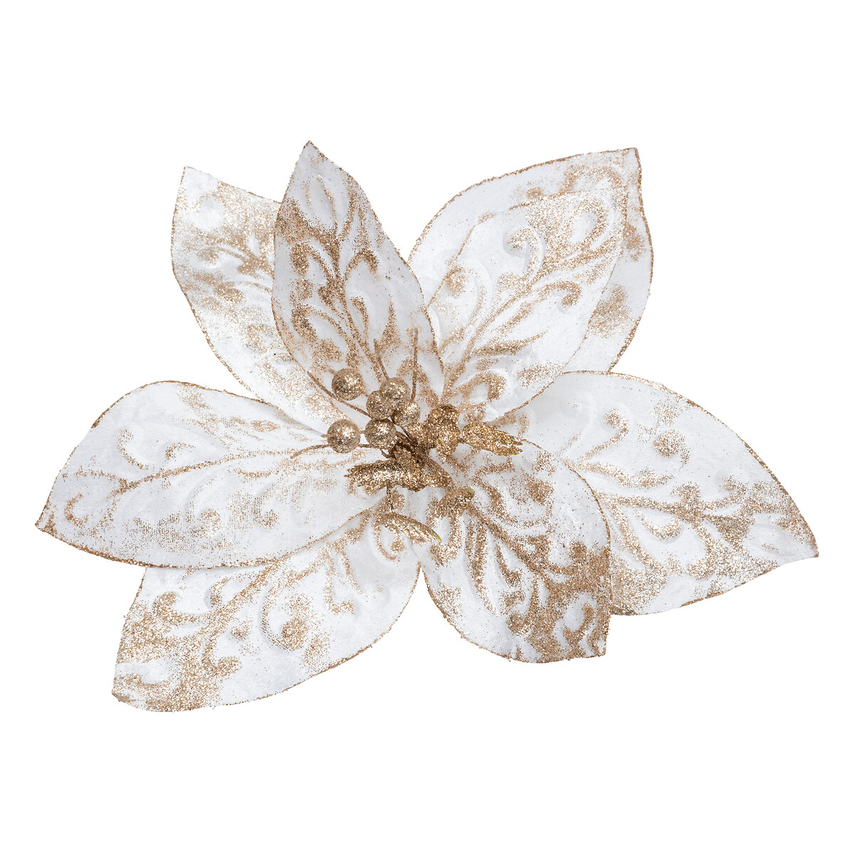 Flor poinsettia maxi com mola branca e dourada 40x15cm