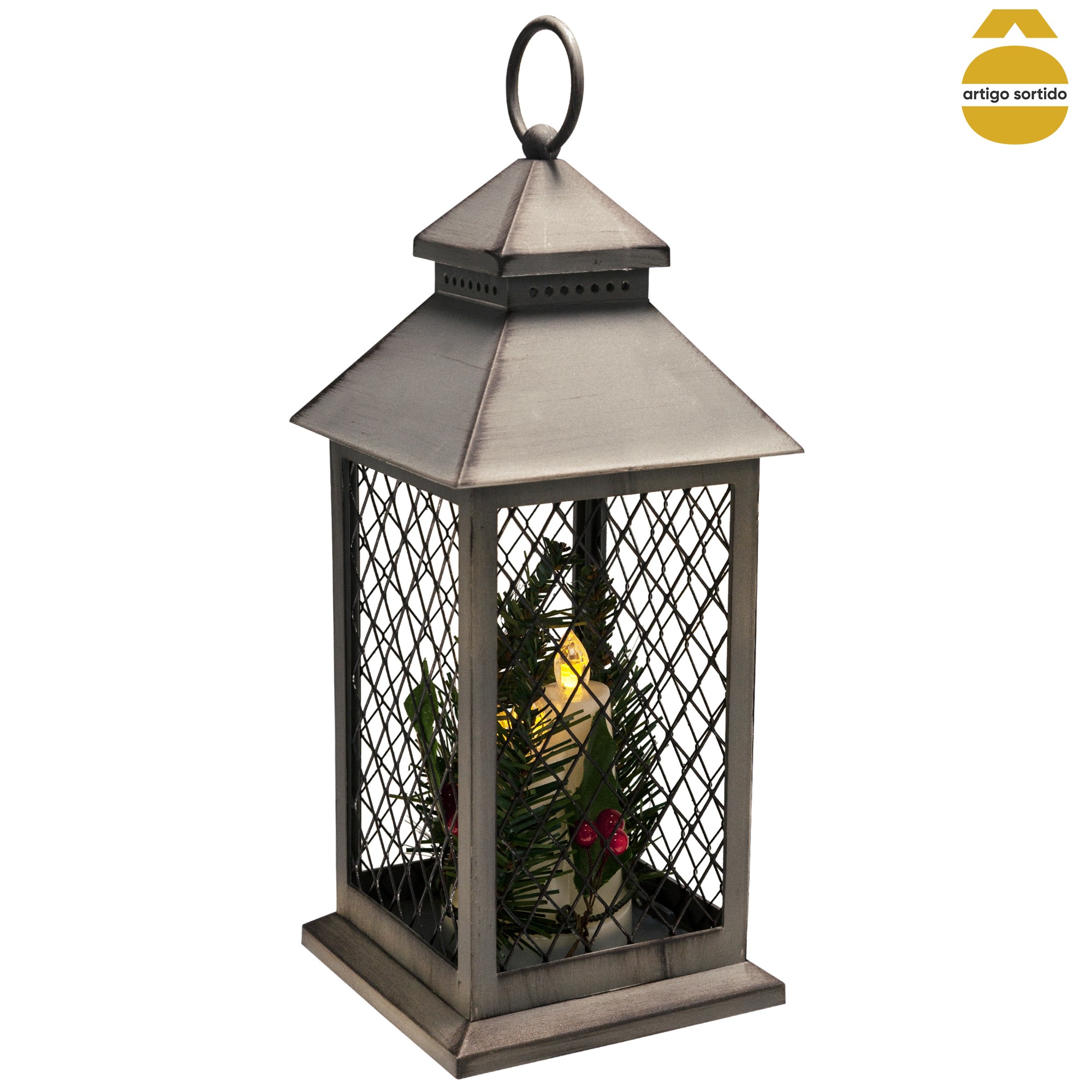 Lanterna com vela e led 31cm