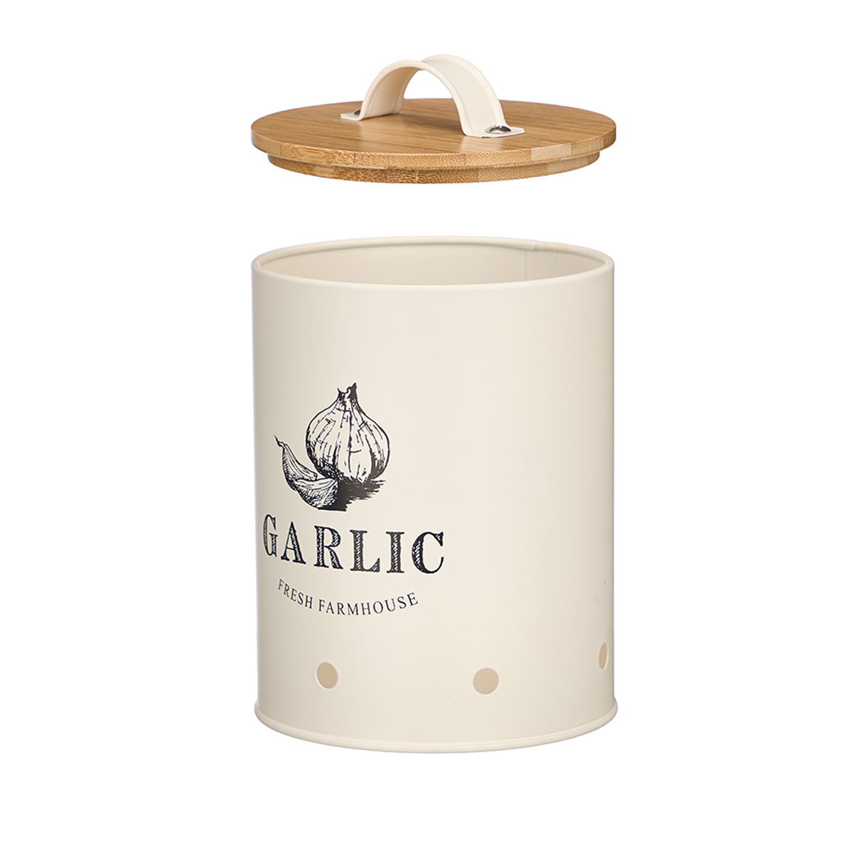 Lata para alhos creme de metal com tampa bambu