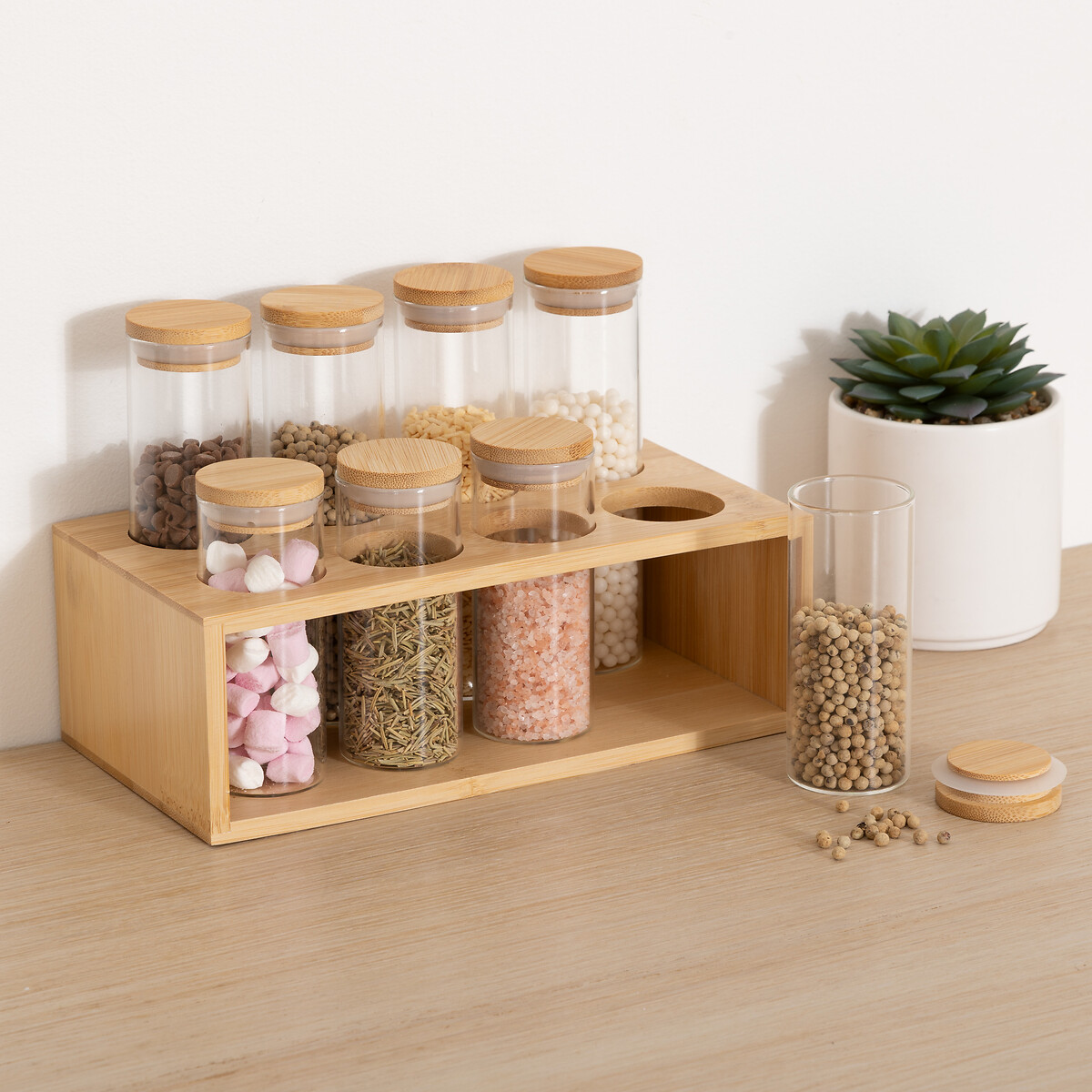 Conjunto de 8 frascos para especiarias com tampa de bambu