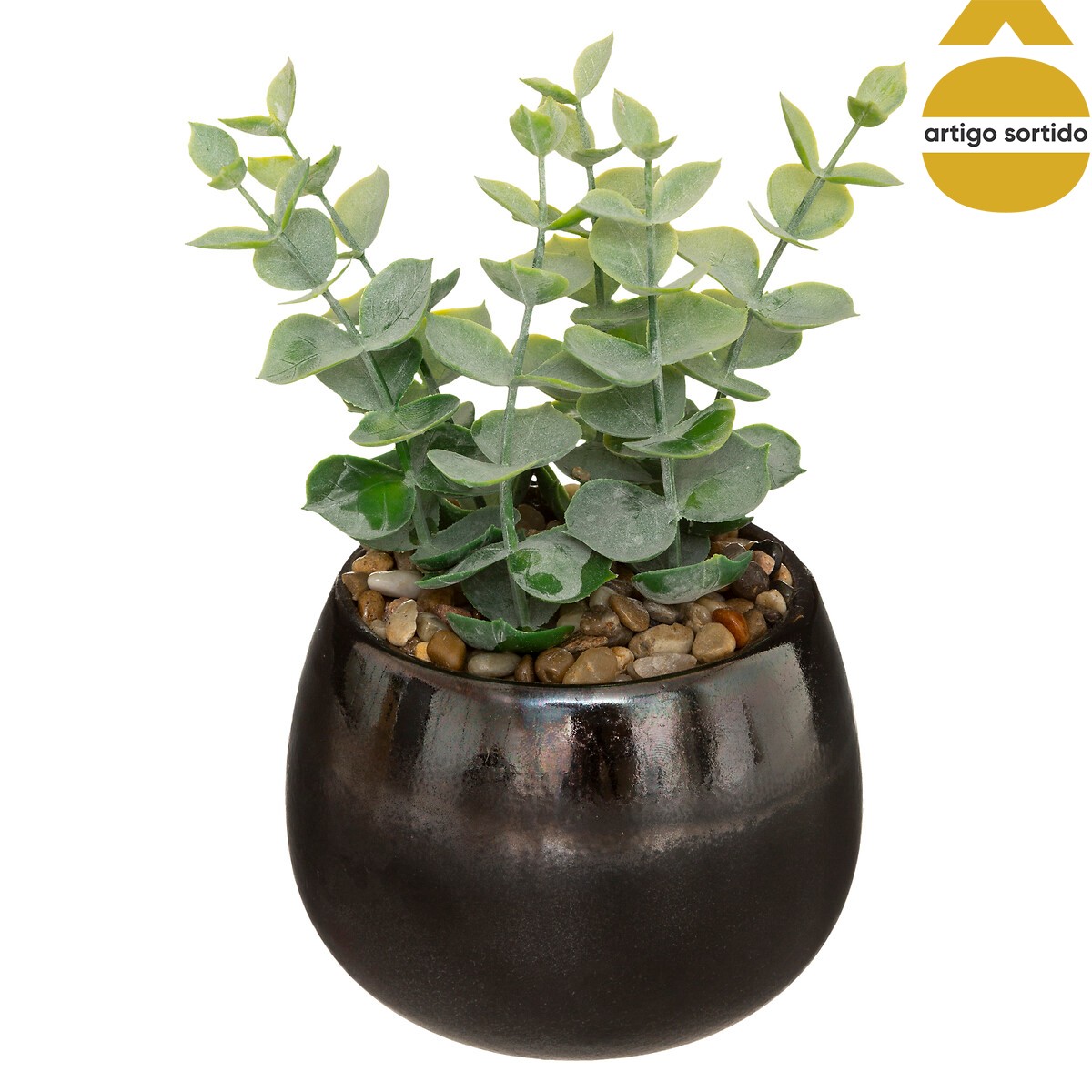 Planta artificial verde com vaso de ceramica