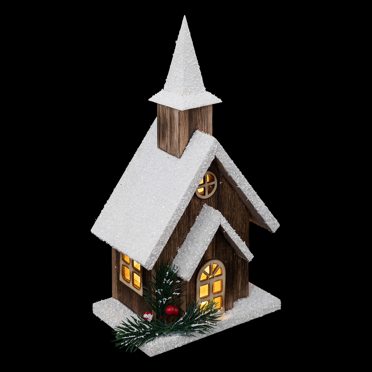 Igreja em madeira com neve e led 27x14cm
