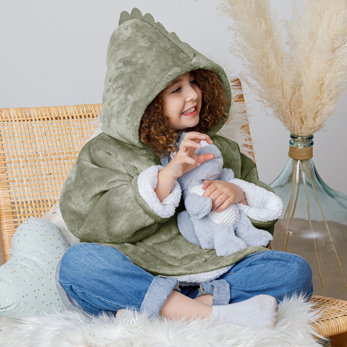 Manta camisola com capuz cinza verde 3-10 anos