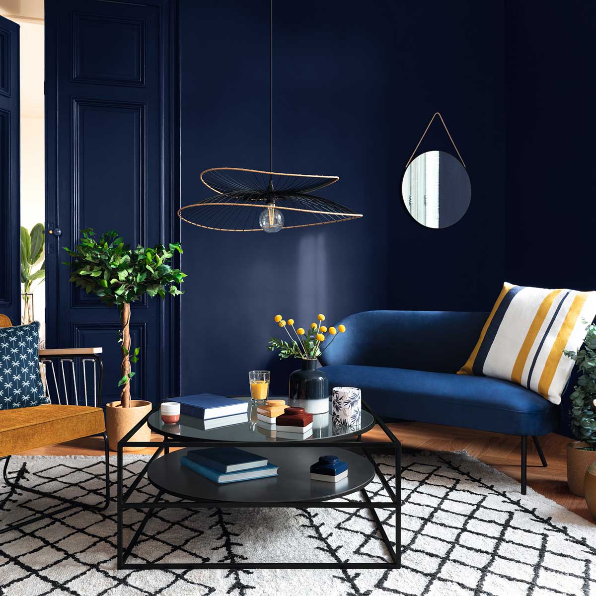 Espelho de parede ETNIC redondo preto com corda 55cm