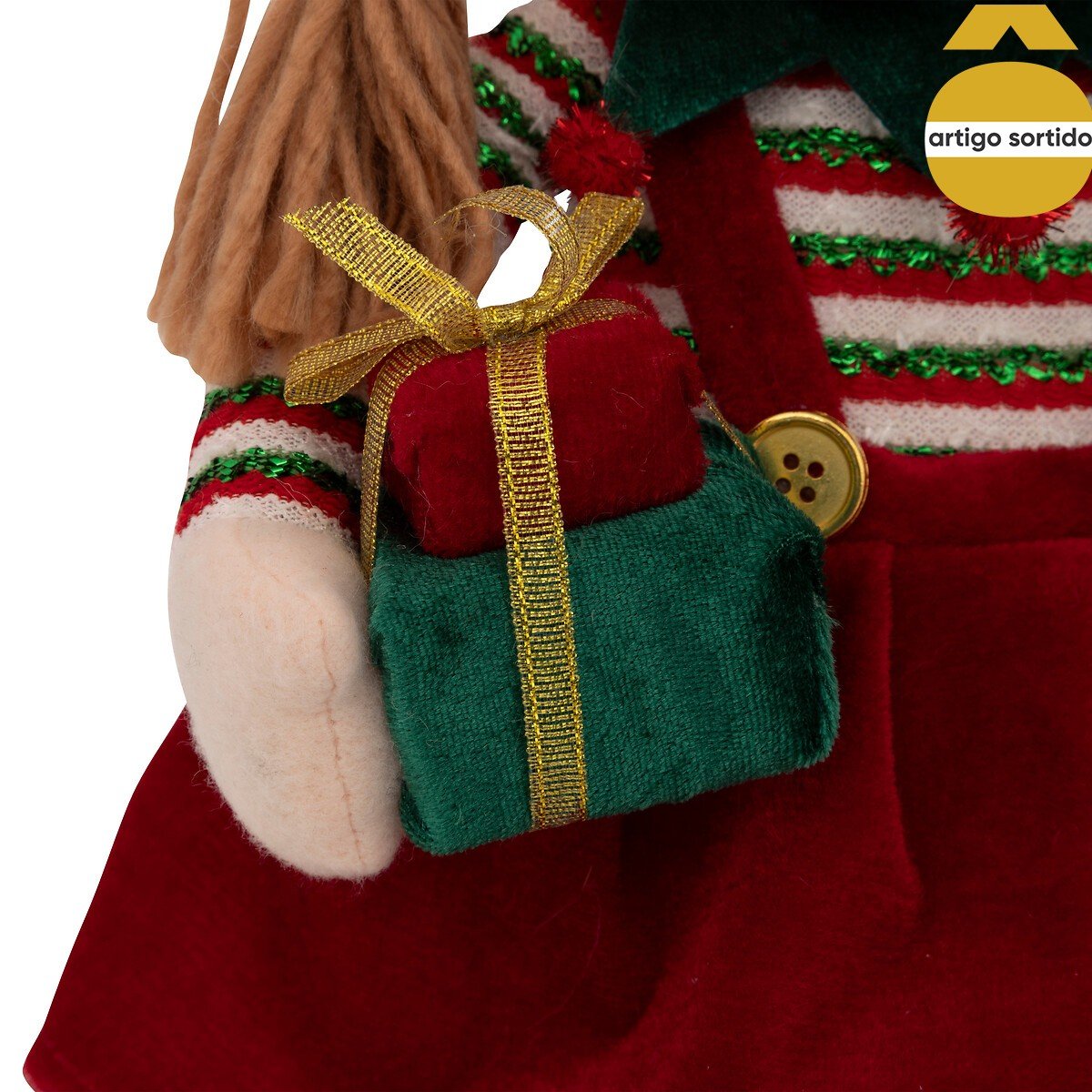 Figura elfo sentado com coroa/presente 68,5cm,  Figura elfo sentado com coroa/presente 68,5cm