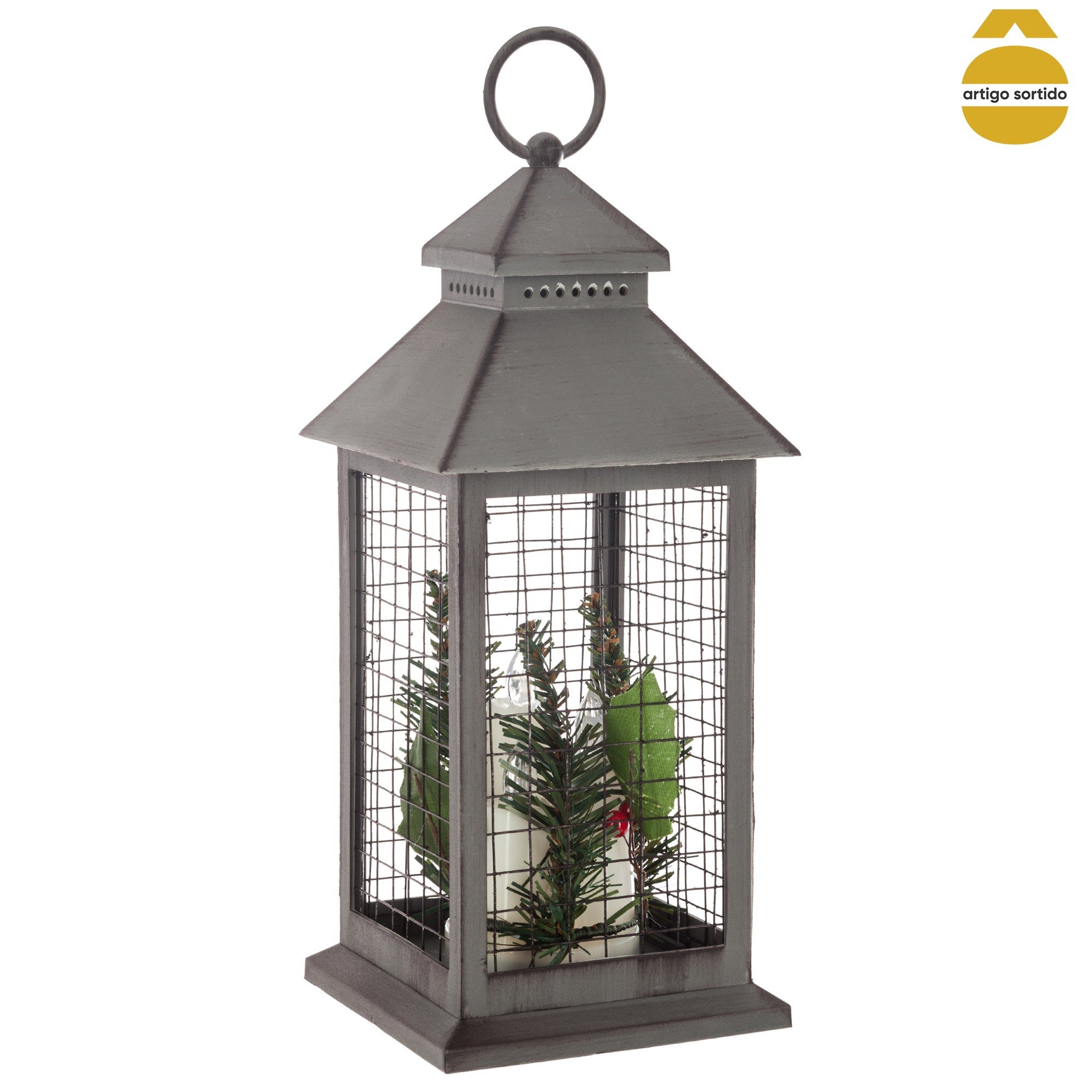 Lanterna com vela e led 31cm