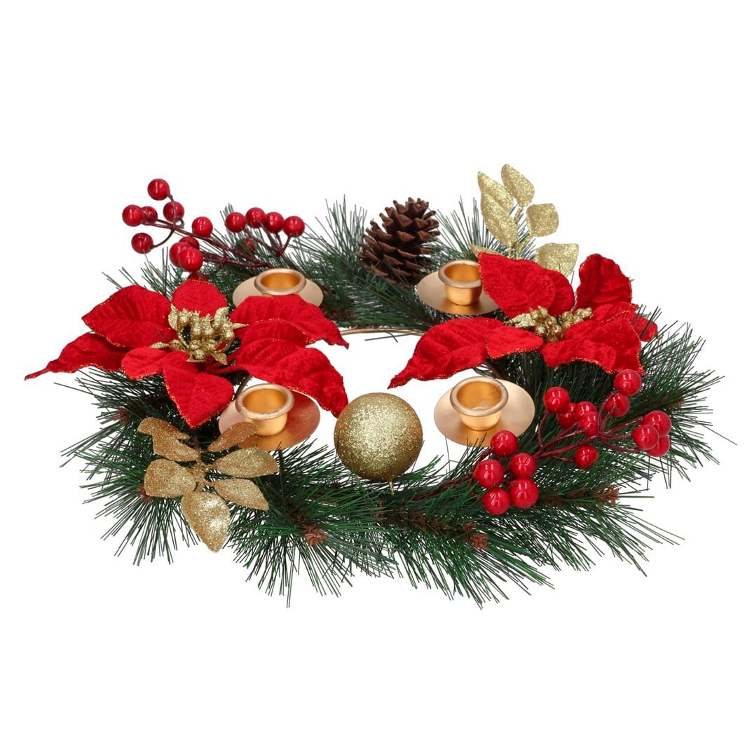 Porta-Velas com poinsettias e bagas dourado 35cm