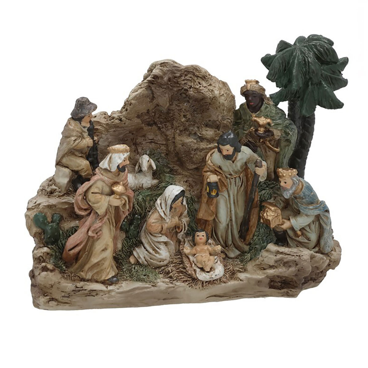 Pres&eacute;pio gruta com palmeira e 8 figuras