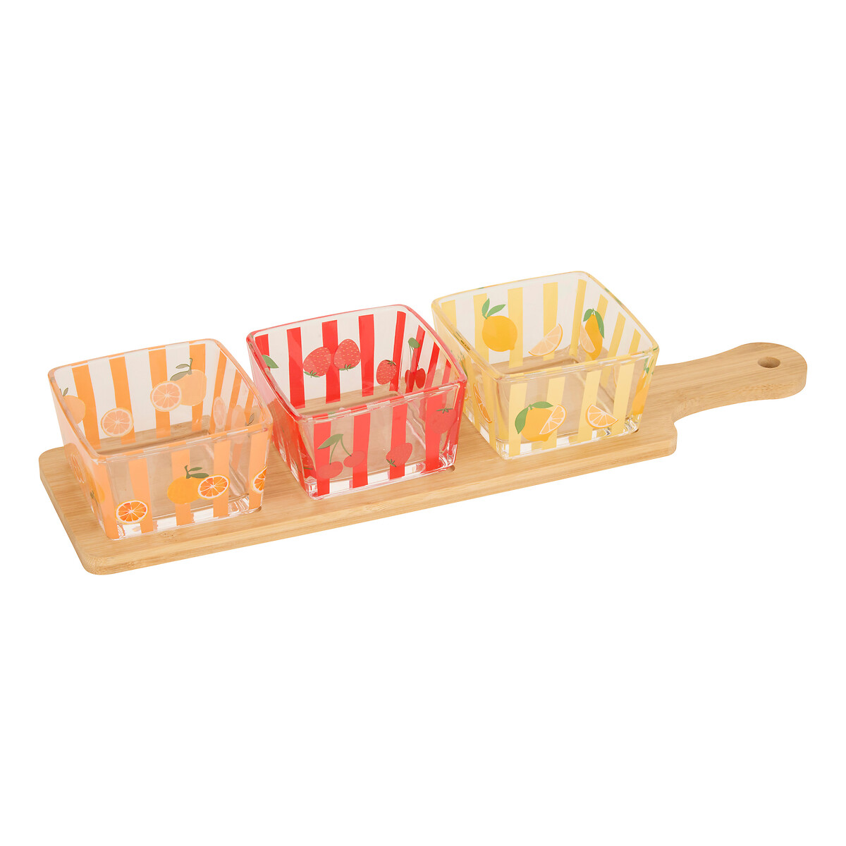 Conjunto de 3 ta&ccedil;as FRUITY com tabua em bambu