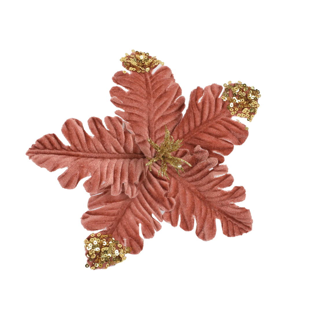 Flor Natal&iacute;cia Rosa Com Brilho Dourado Com Pin&ccedil;a 19cm