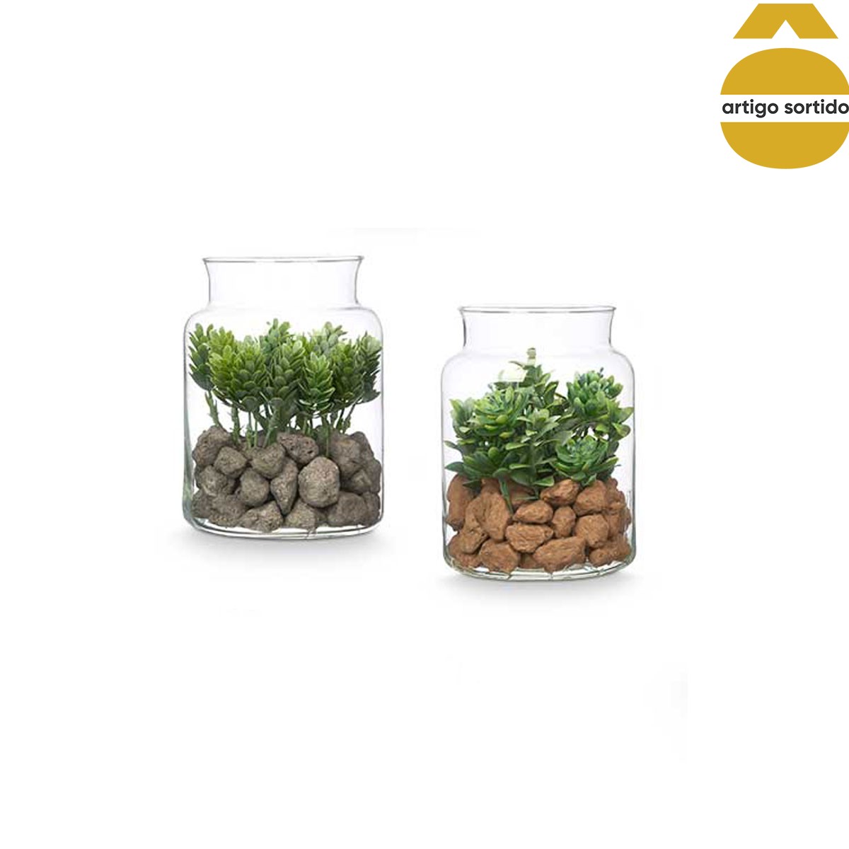 Vaso com planta artificial em vidro 16cm