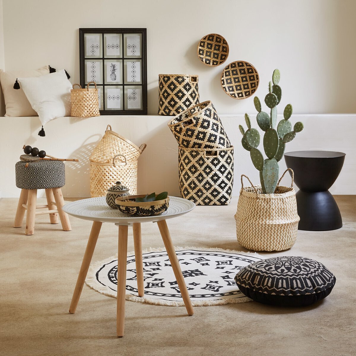 Cesto seagrass branco e natural com pegas 37cm