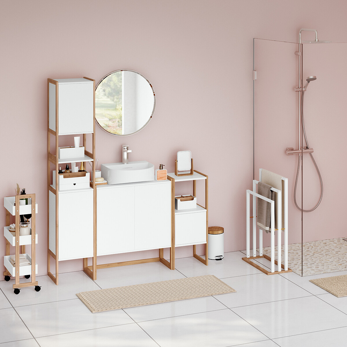 Balde wc branco de metal com tampa em bambu 3l