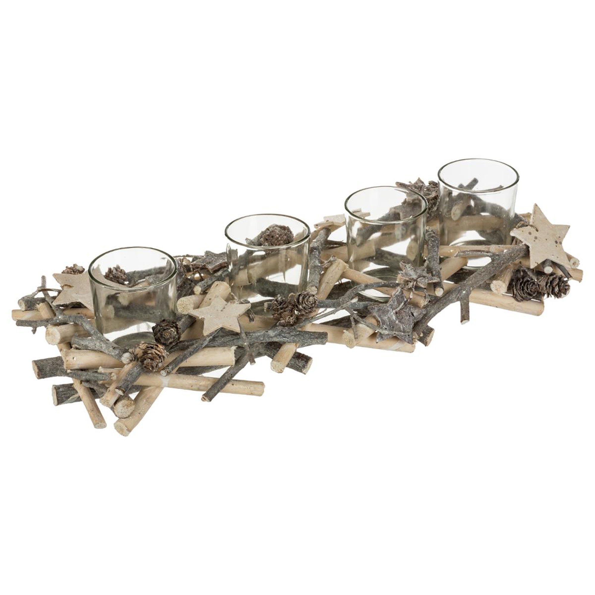 Casti&ccedil;al para 4 tealights em madeira e vidro