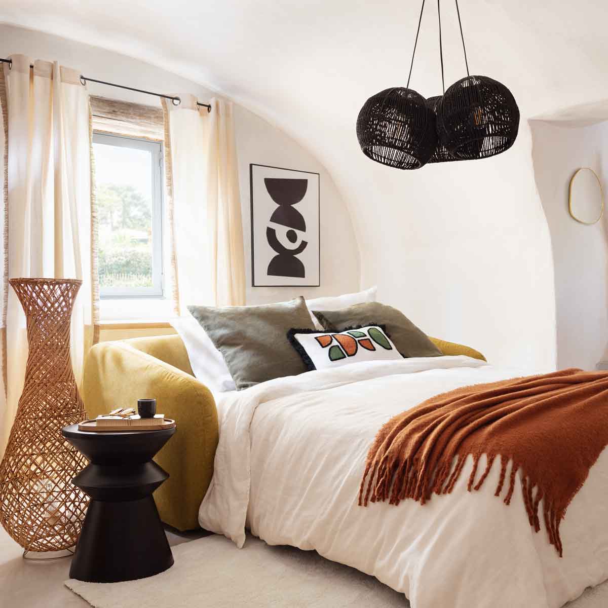 Candeeiro de pé ELOISE bege em rattan 100cm,  Candeeiro de pé ELOISE bege em rattan 100cm