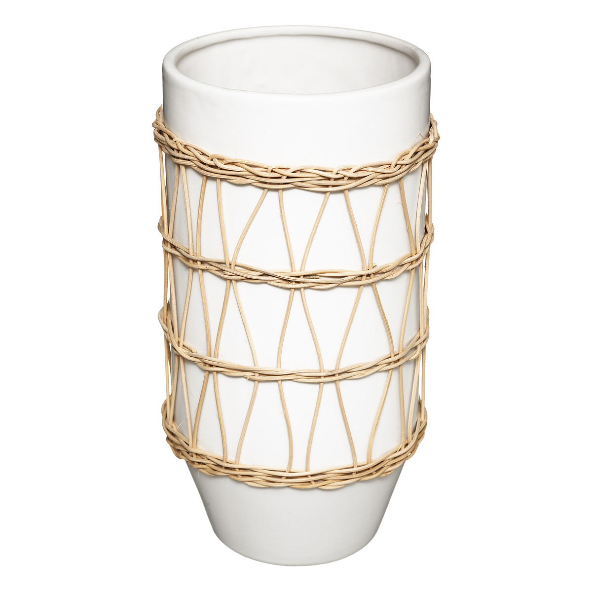 Jarra branca em cer&acirc;mica e decora&ccedil;&atilde;o em rattan 25cm
