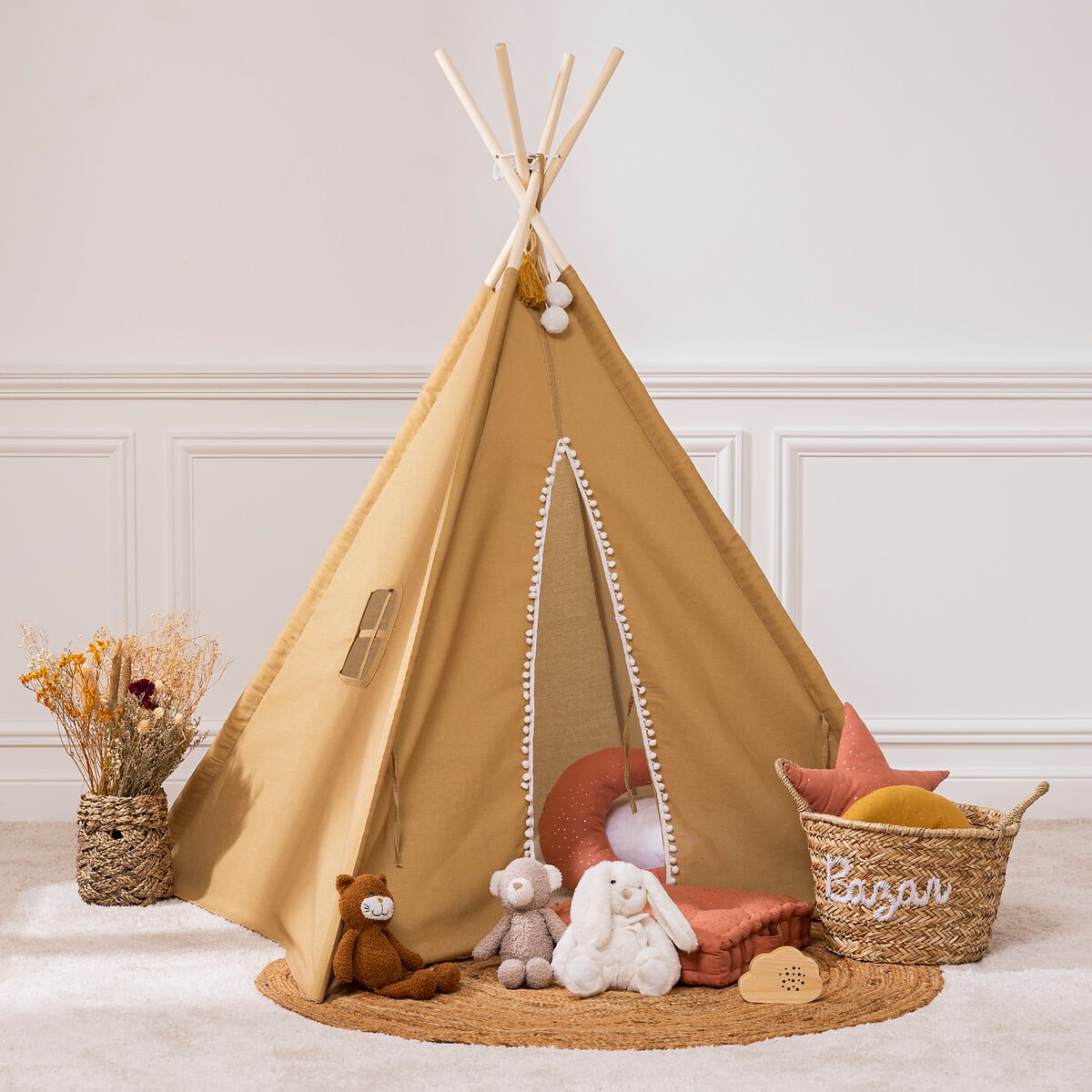 Tenda TIPI ocre com pompons RAINBOW