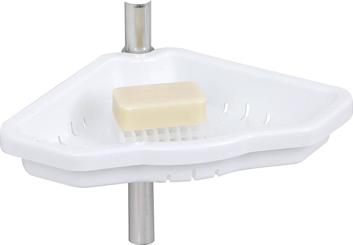 Coluna de duche com 4 prateleiras brancas e saboneteira