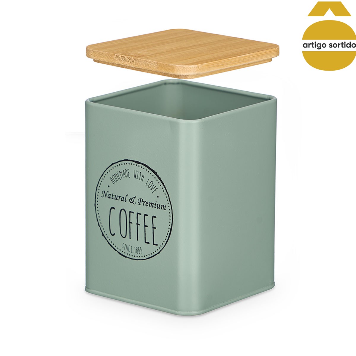 Lata verde de metal com tampa bambu 13,5cm